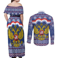 Russia Christmas Couples Matching Off Shoulder Maxi Dress and Long Sleeve Button Shirt Santa Matryoshka Doll - Wonder Print Shop