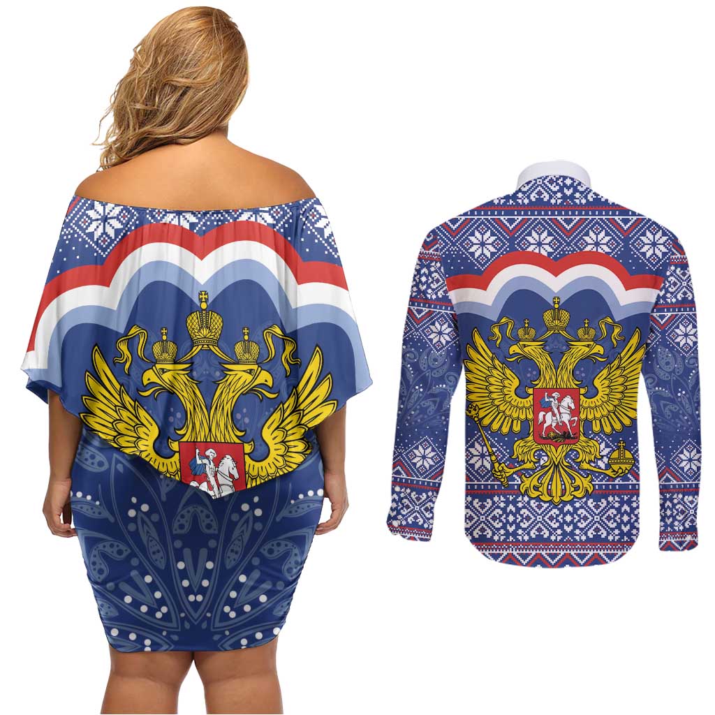 Russia Christmas Couples Matching Off Shoulder Short Dress and Long Sleeve Button Shirt Santa Matryoshka Doll - Wonder Print Shop