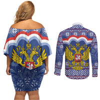 Russia Christmas Couples Matching Off Shoulder Short Dress and Long Sleeve Button Shirt Santa Matryoshka Doll - Wonder Print Shop