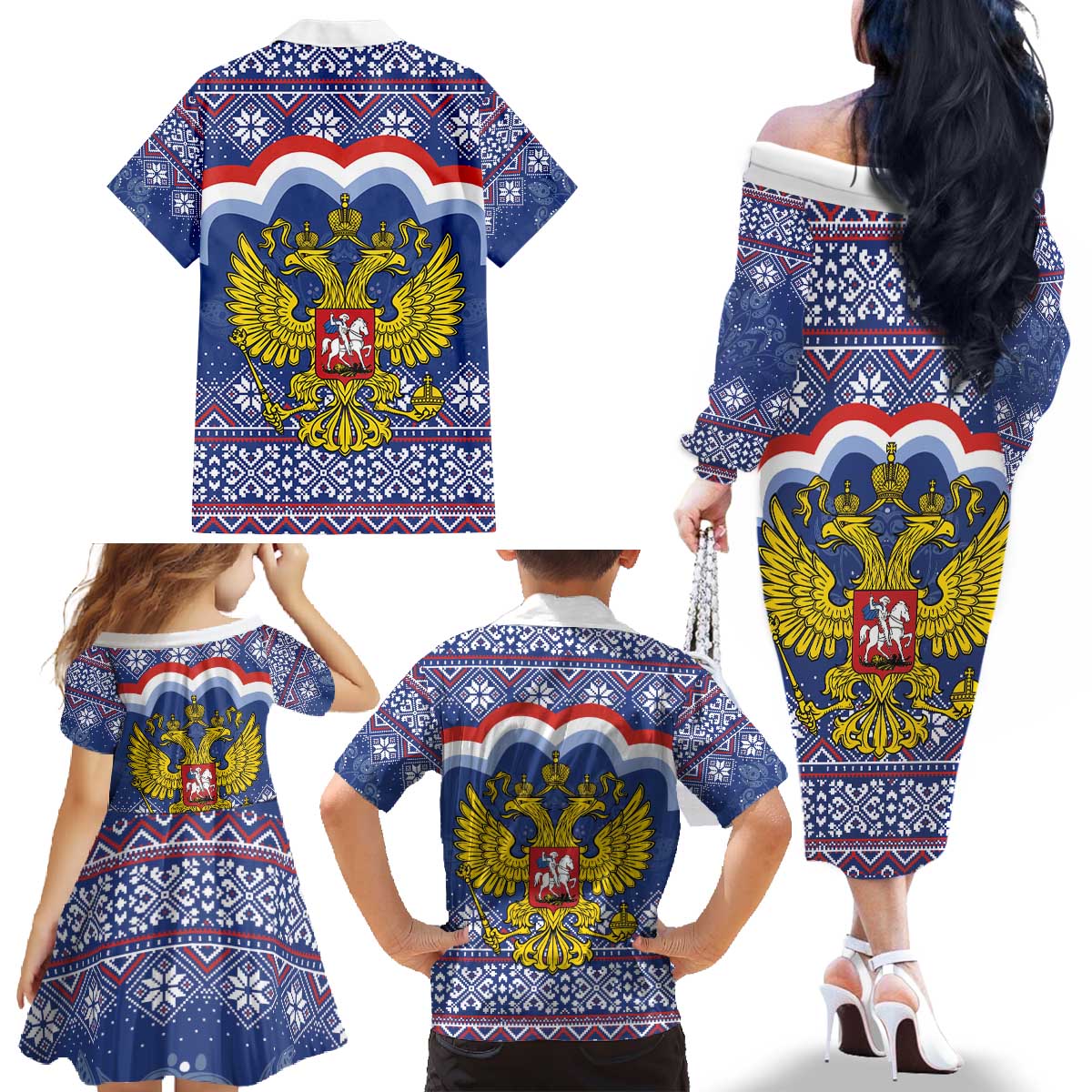 Russia Christmas Family Matching Off The Shoulder Long Sleeve Dress and Hawaiian Shirt Santa Matryoshka Doll - Wonder Print Shop