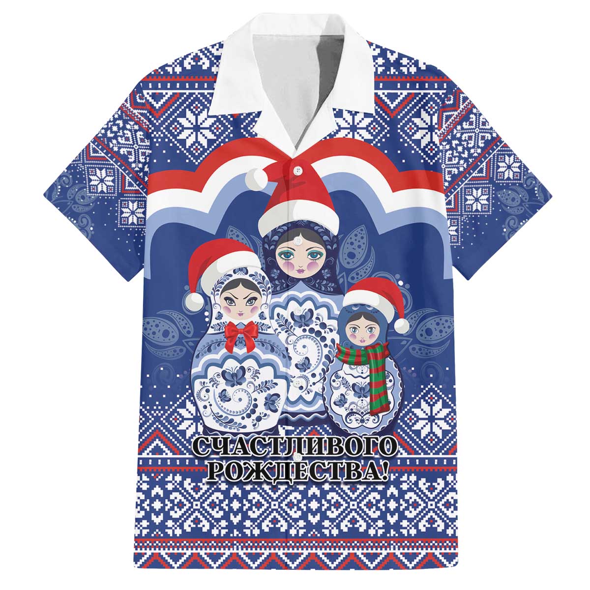 Russia Christmas Family Matching Off The Shoulder Long Sleeve Dress and Hawaiian Shirt Santa Matryoshka Doll - Wonder Print Shop