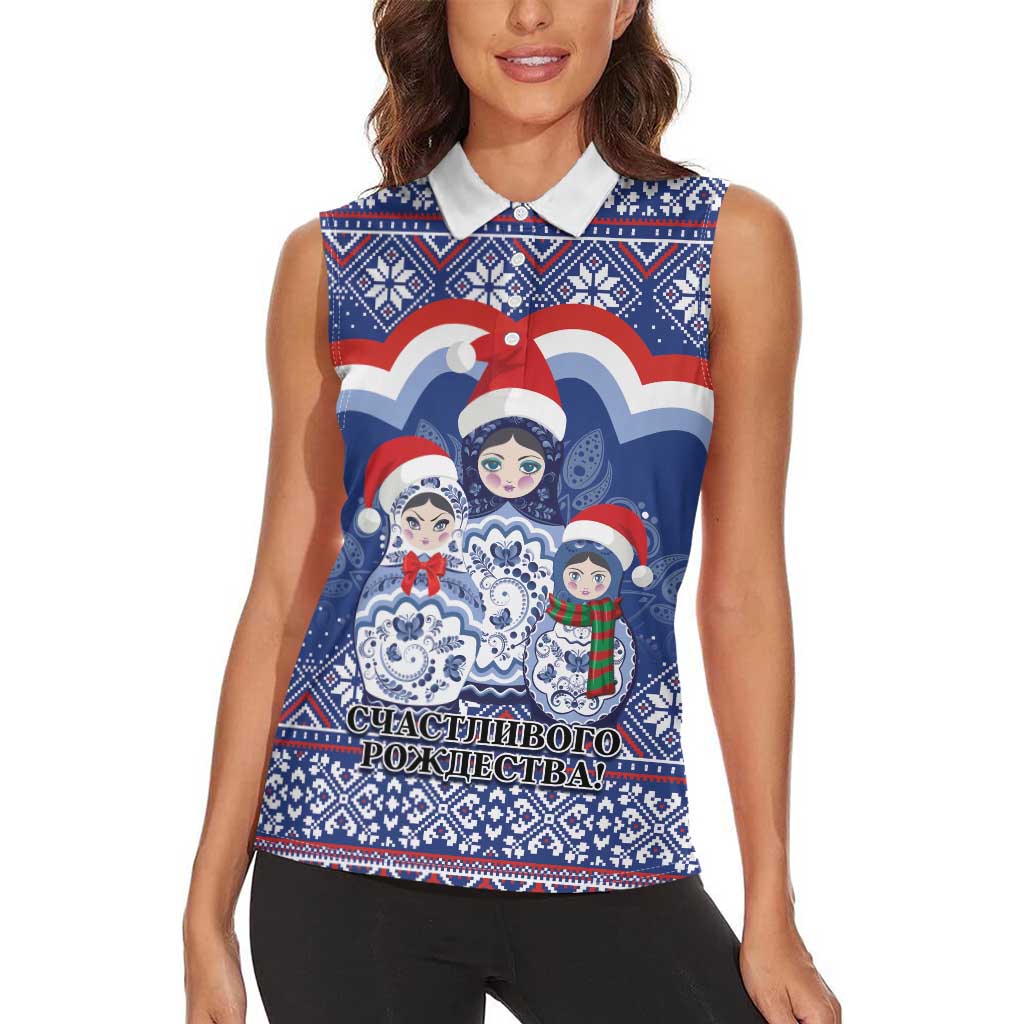 Russia Christmas Women Sleeveless Polo Shirt Santa Matryoshka Doll - Wonder Print Shop