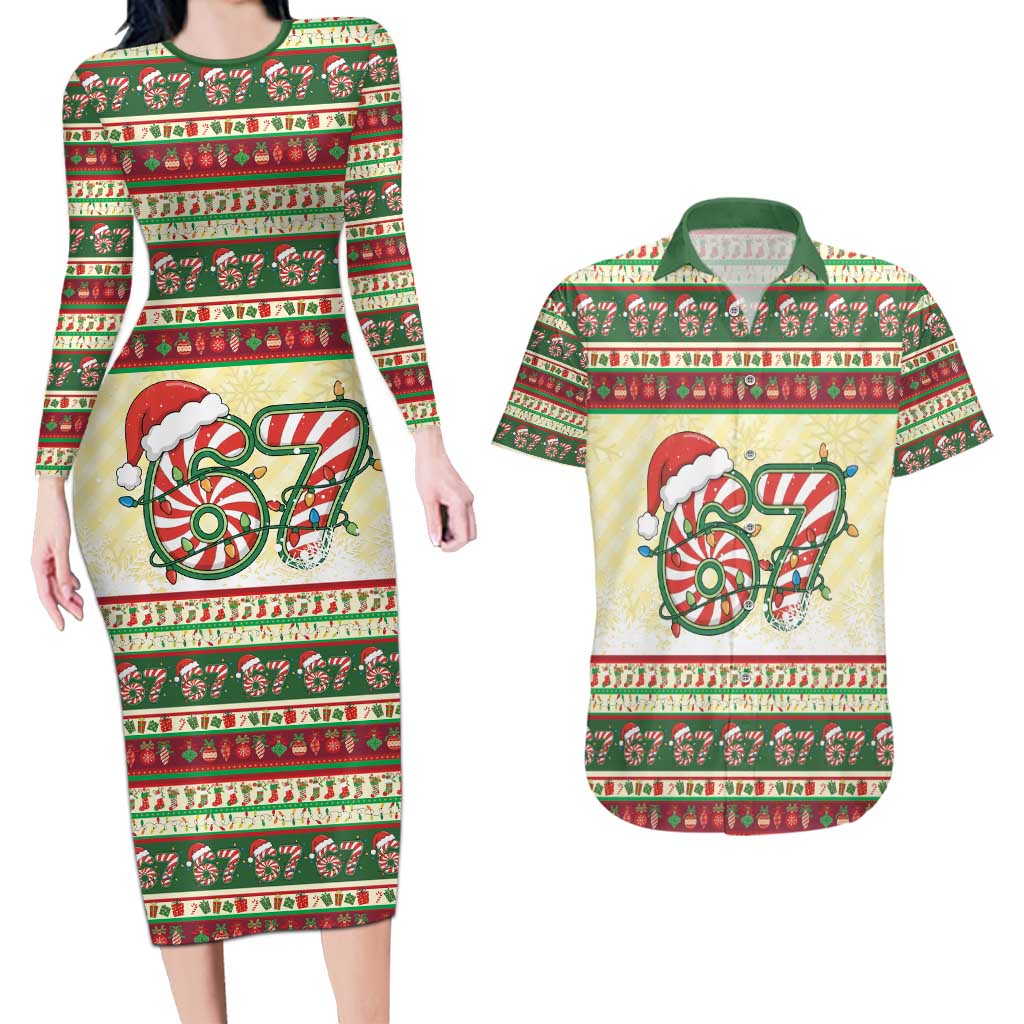 67 Six Seven Funny Meme Christmas Couples Matching Long Sleeve Bodycon Dress and Hawaiian Shirt Funny Xmas - Wonder Print Shop