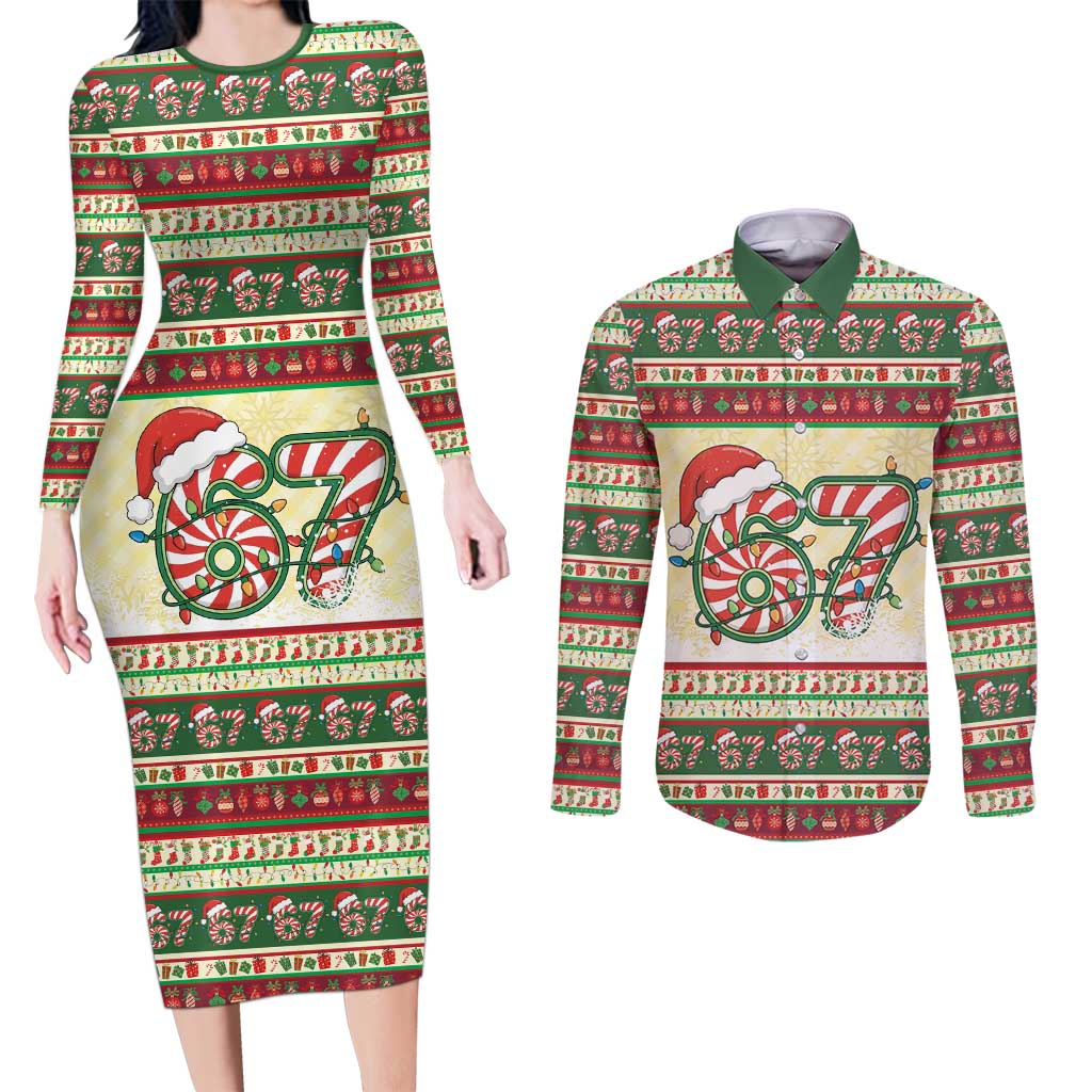 67 Six Seven Funny Meme Christmas Couples Matching Long Sleeve Bodycon Dress and Long Sleeve Button Shirt Funny Xmas - Wonder Print Shop