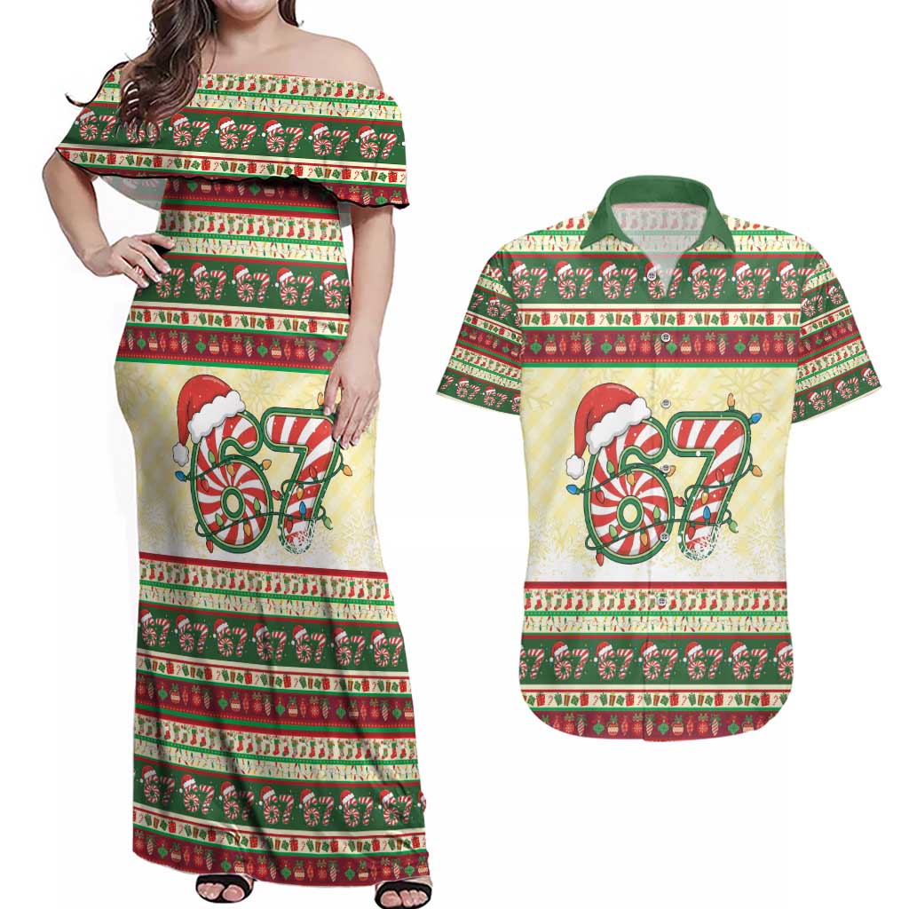 67 Six Seven Funny Meme Christmas Couples Matching Off Shoulder Maxi Dress and Hawaiian Shirt Funny Xmas - Wonder Print Shop