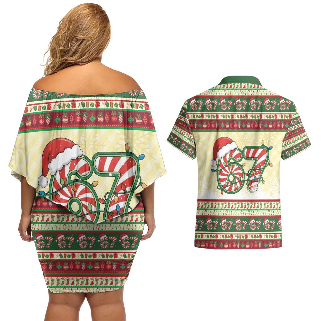67 Six Seven Funny Meme Christmas Couples Matching Off Shoulder Short Dress and Hawaiian Shirt Funny Xmas - Wonder Print Shop