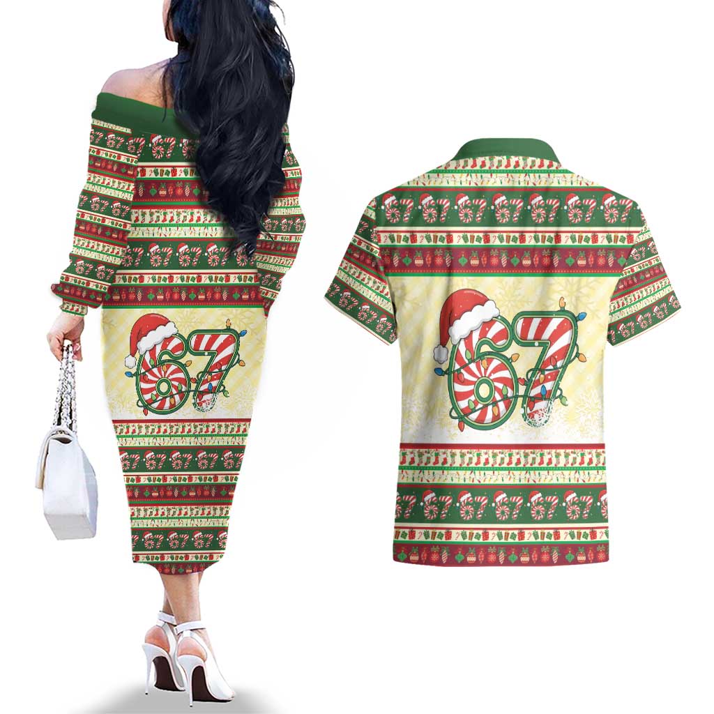 67 Six Seven Funny Meme Christmas Couples Matching Off The Shoulder Long Sleeve Dress and Hawaiian Shirt Funny Xmas - Wonder Print Shop