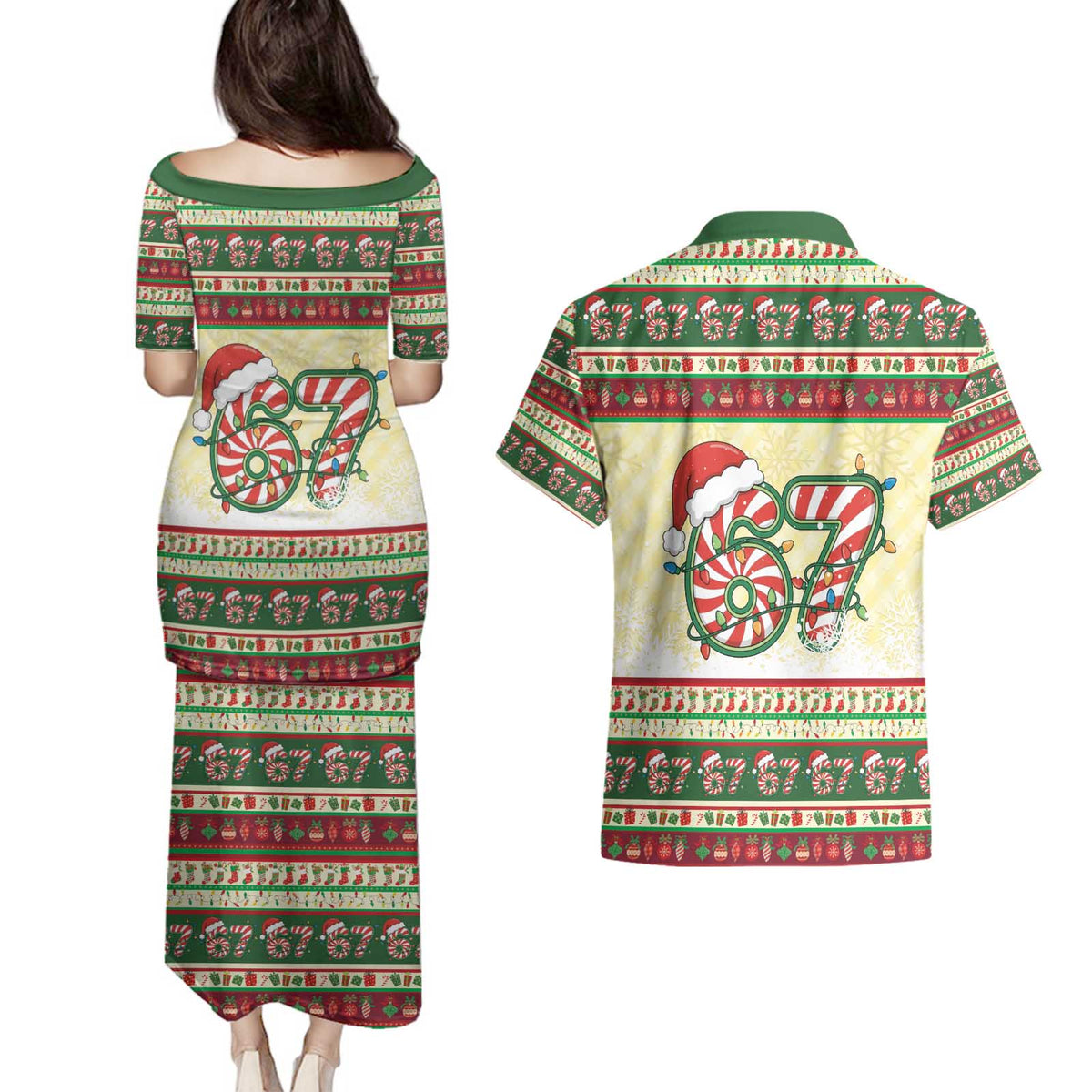 67 Six Seven Funny Meme Christmas Couples Matching Puletasi and Hawaiian Shirt Funny Xmas - Wonder Print Shop