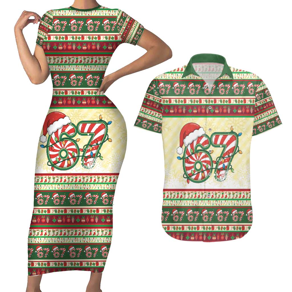 67 Six Seven Funny Meme Christmas Couples Matching Short Sleeve Bodycon Dress and Hawaiian Shirt Funny Xmas - Wonder Print Shop