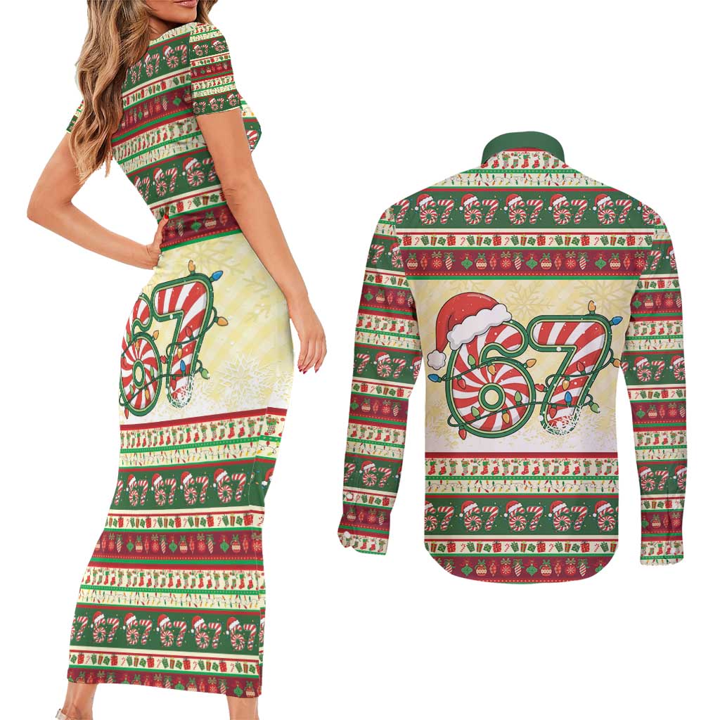 67 Six Seven Funny Meme Christmas Couples Matching Short Sleeve Bodycon Dress and Long Sleeve Button Shirt Funny Xmas - Wonder Print Shop