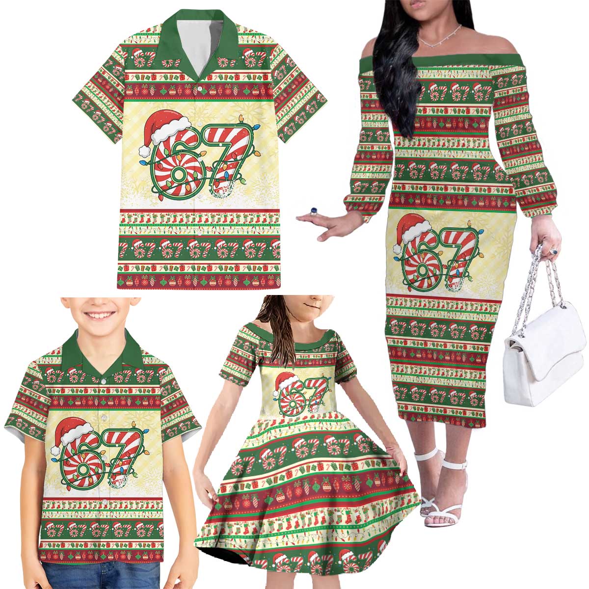 67 Six Seven Funny Meme Christmas Family Matching Off The Shoulder Long Sleeve Dress and Hawaiian Shirt Funny Xmas - Wonder Print Shop