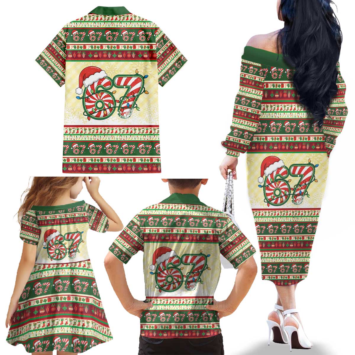 67 Six Seven Funny Meme Christmas Family Matching Off The Shoulder Long Sleeve Dress and Hawaiian Shirt Funny Xmas - Wonder Print Shop