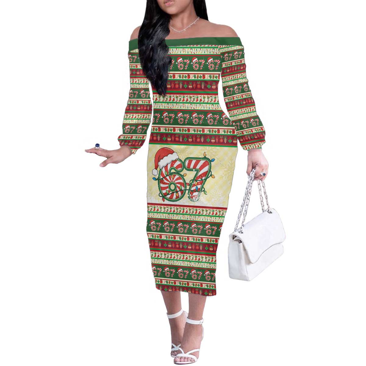 67 Six Seven Funny Meme Christmas Family Matching Off The Shoulder Long Sleeve Dress and Hawaiian Shirt Funny Xmas - Wonder Print Shop