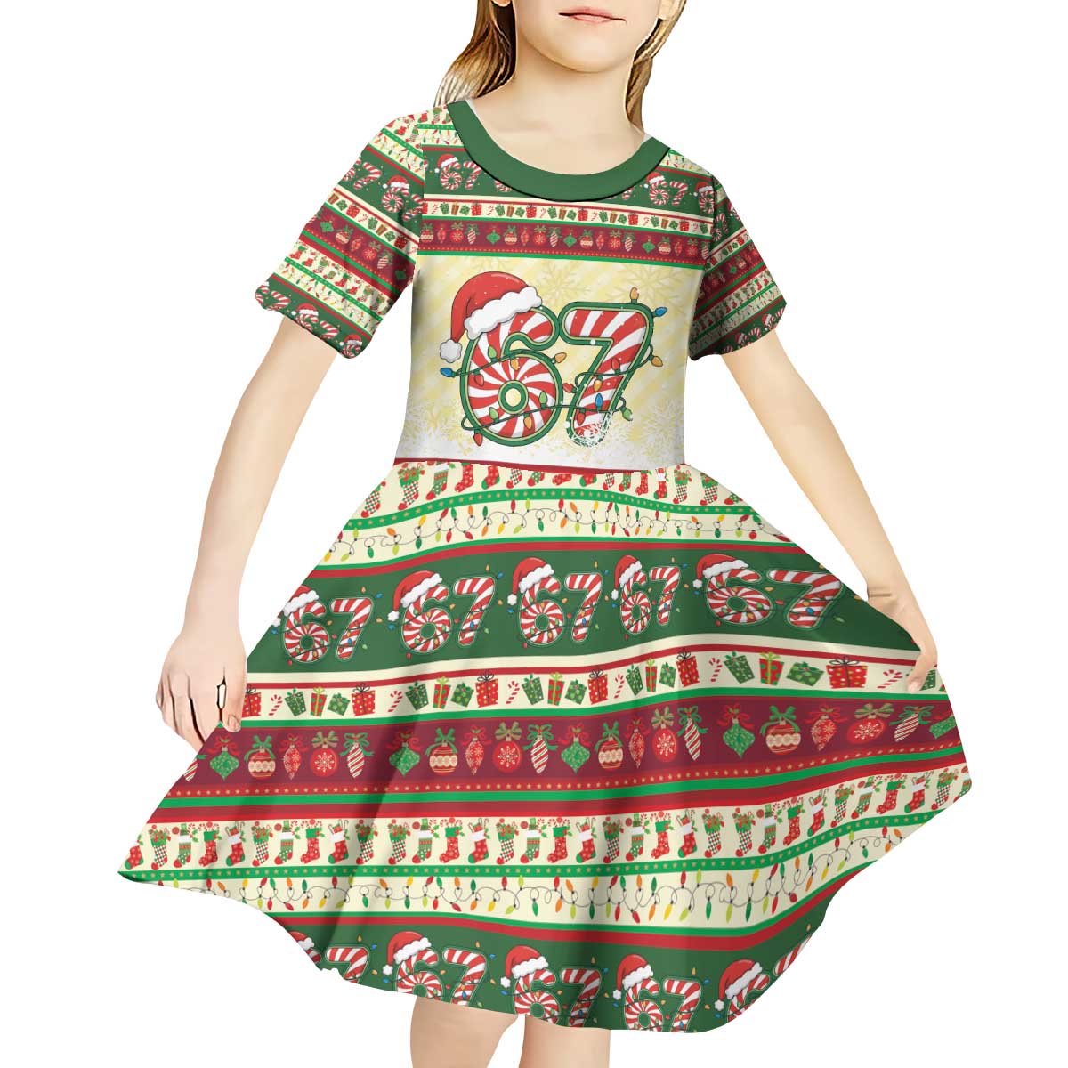 67 Six Seven Funny Meme Christmas Kid Short Sleeve Dress Funny Xmas - Wonder Print Shop