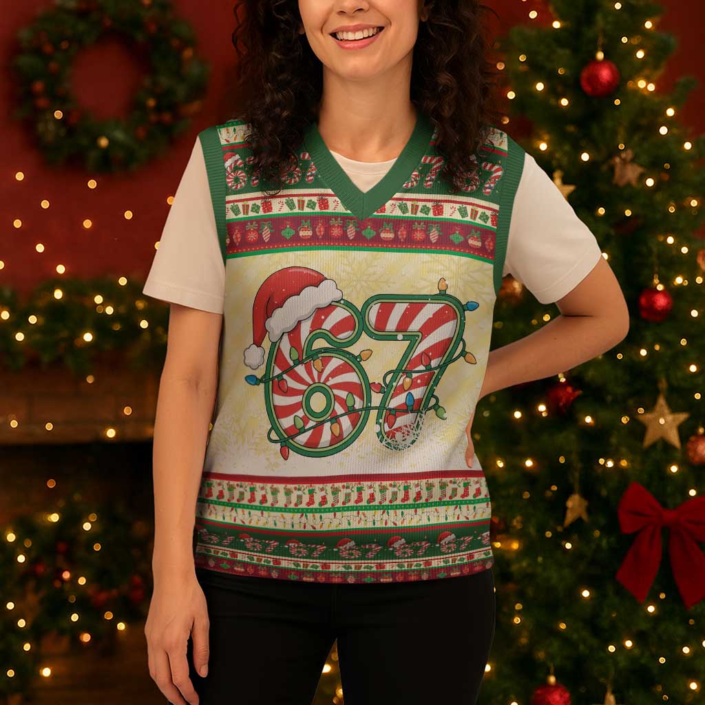 67 Six Seven Funny Meme Christmas Knitted V-Neck Vest Funny Xmas - Wonder Print Shop