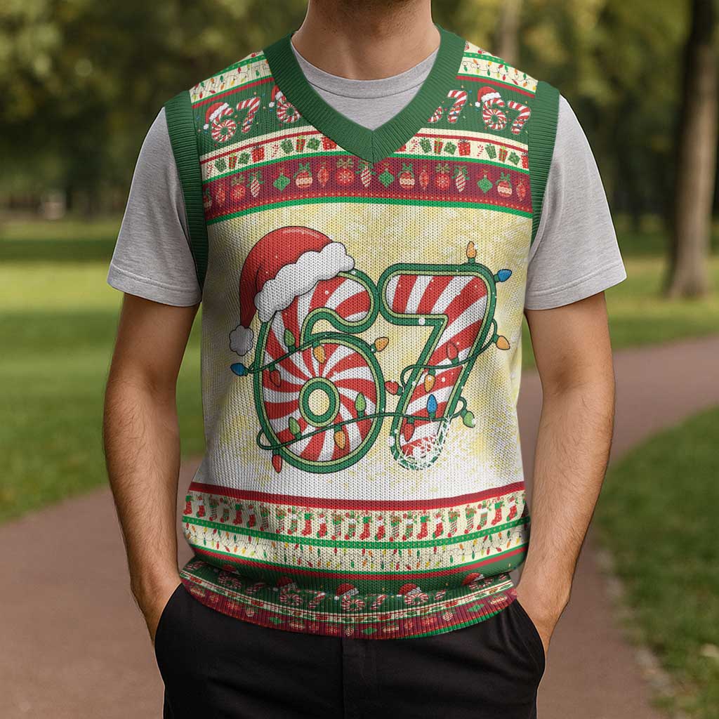 67 Six Seven Funny Meme Christmas Knitted V-Neck Vest Funny Xmas - Wonder Print Shop