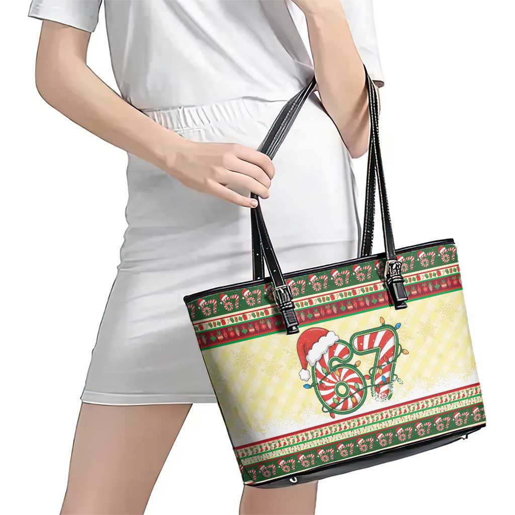 67 Six Seven Funny Meme Christmas Leather Tote Bag Funny Xmas - Wonder Print Shop
