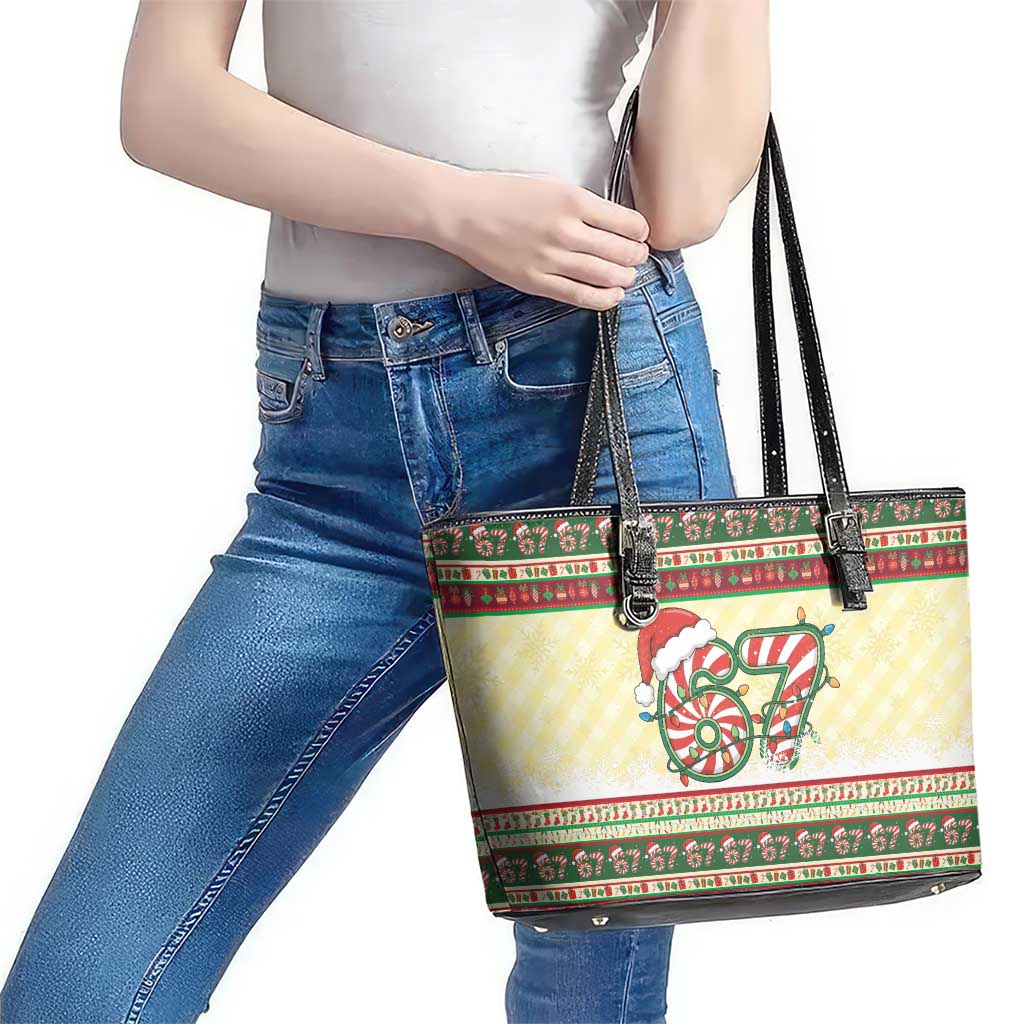 67 Six Seven Funny Meme Christmas Leather Tote Bag Funny Xmas - Wonder Print Shop