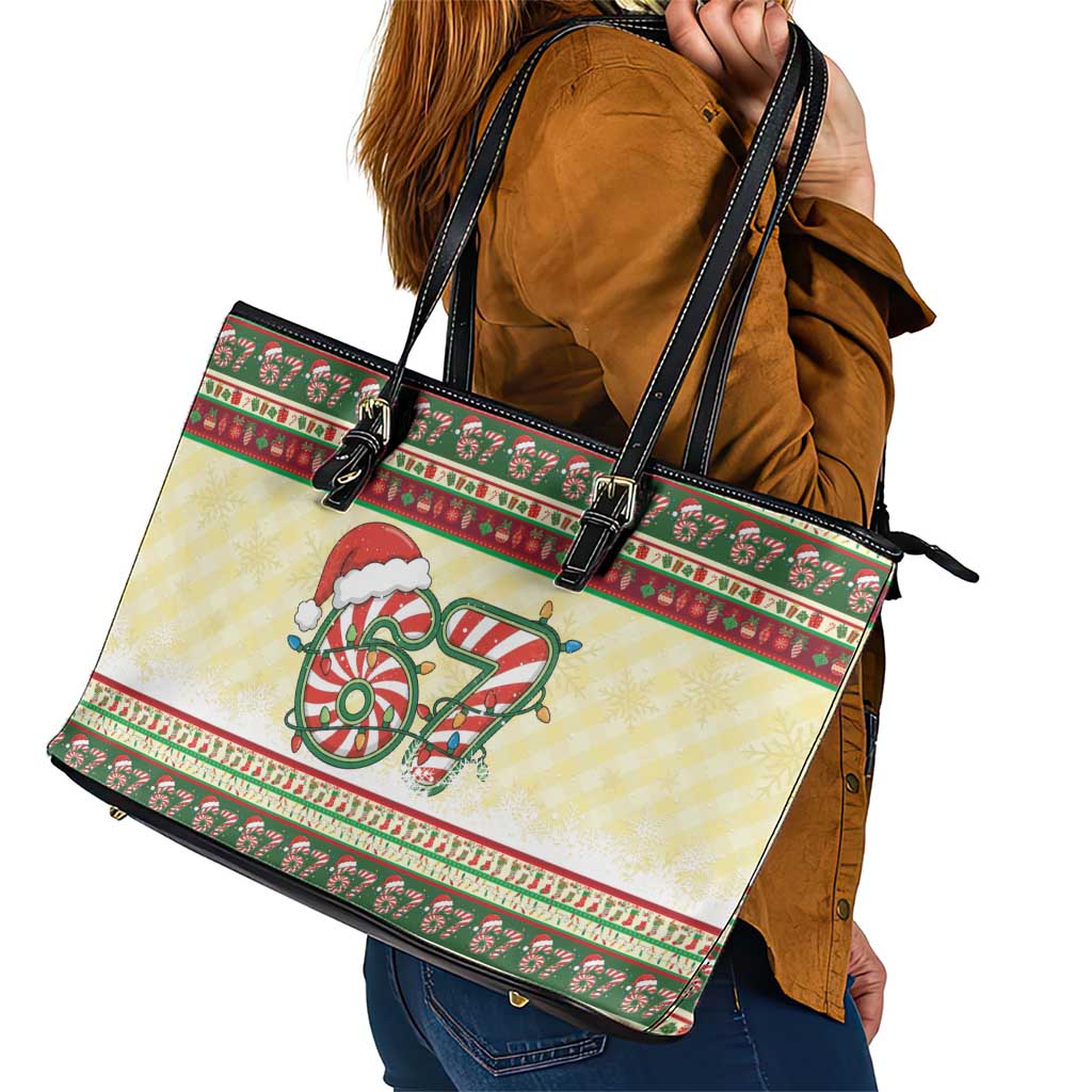 67 Six Seven Funny Meme Christmas Leather Tote Bag Funny Xmas - Wonder Print Shop