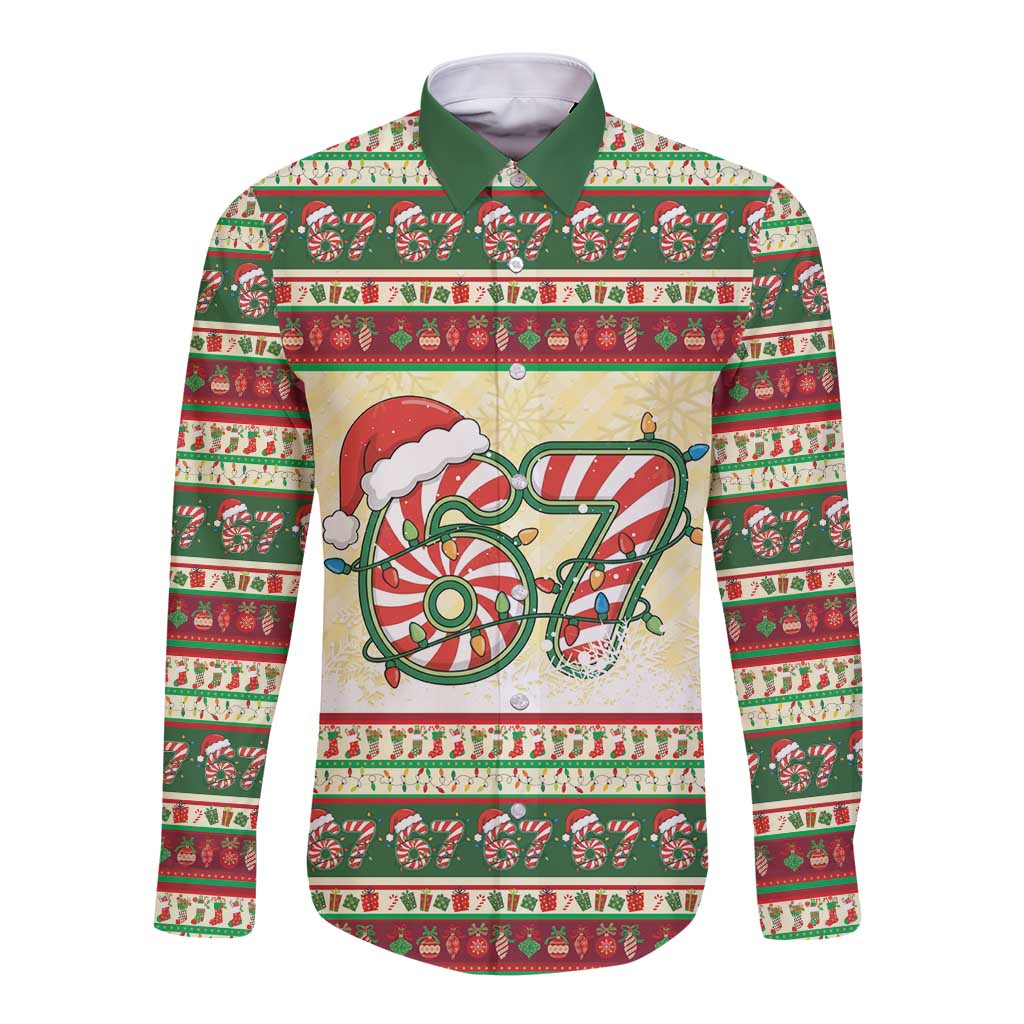 67 Six Seven Funny Meme Christmas Long Sleeve Button Shirt Funny Xmas - Wonder Print Shop