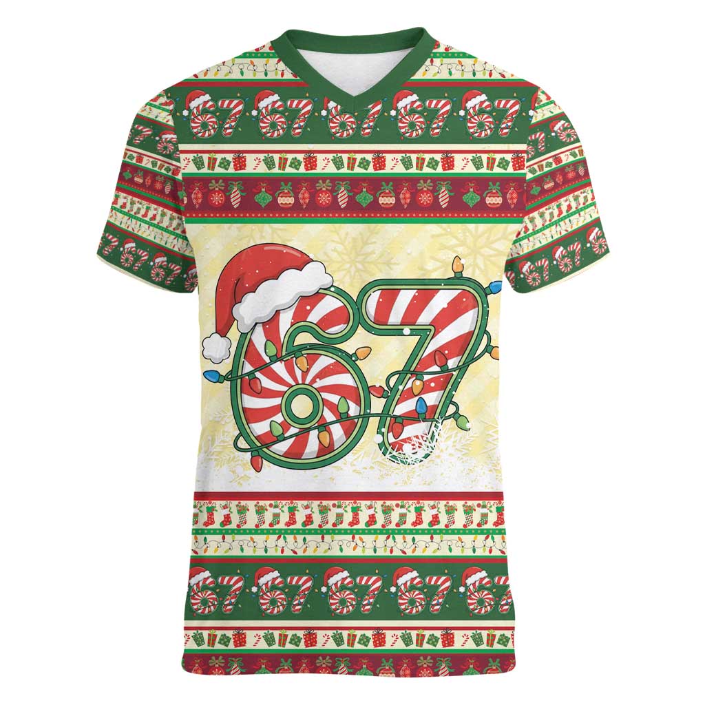 67 Six Seven Funny Meme Christmas Women V-Neck T-Shirt Funny Xmas - Wonder Print Shop