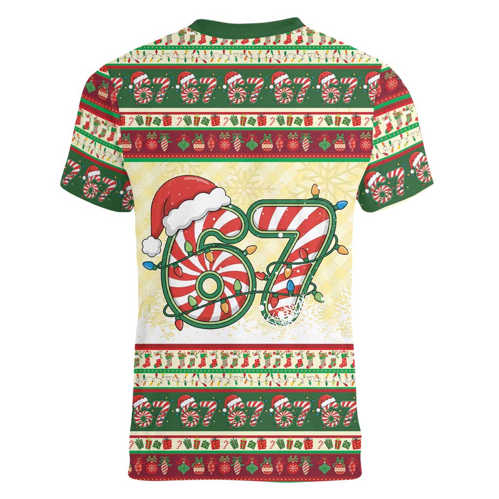 67 Six Seven Funny Meme Christmas Women V-Neck T-Shirt Funny Xmas - Wonder Print Shop