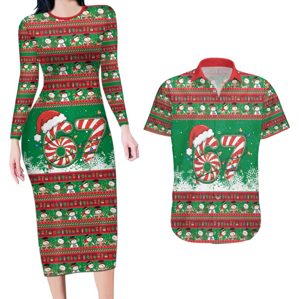 67 Six Seven Funny Meme Christmas Couples Matching Long Sleeve Bodycon Dress and Hawaiian Shirt Funny Xmas - Wonder Print Shop