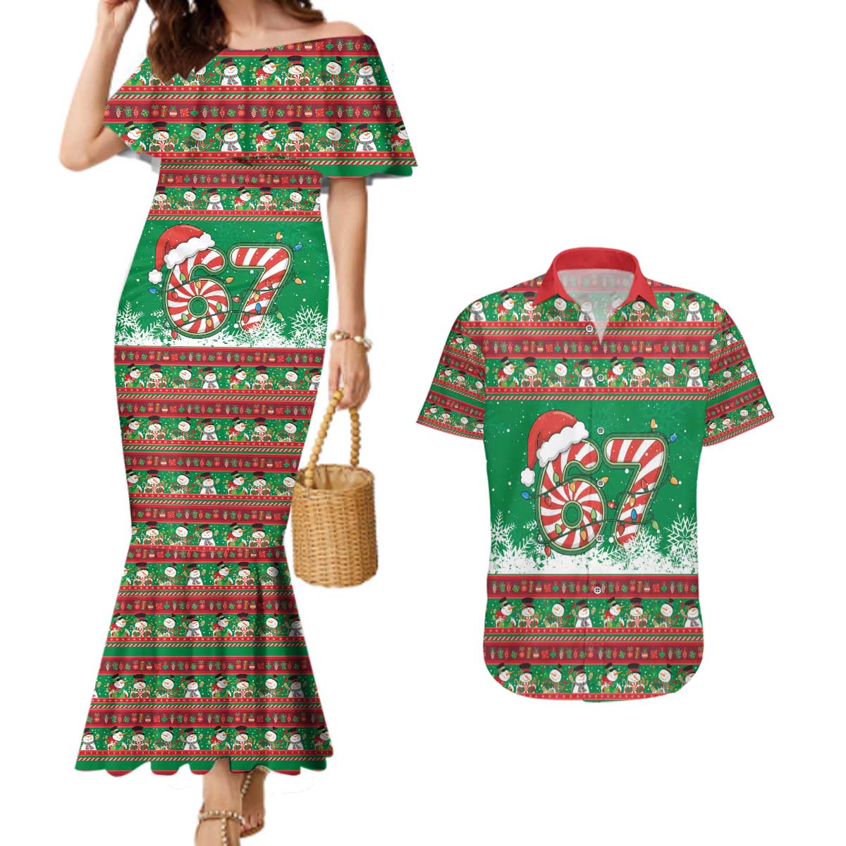 67 Six Seven Funny Meme Christmas Couples Matching Mermaid Dress and Hawaiian Shirt Funny Xmas - Wonder Print Shop