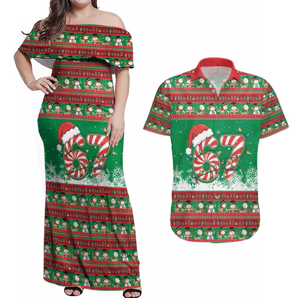 67 Six Seven Funny Meme Christmas Couples Matching Off Shoulder Maxi Dress and Hawaiian Shirt Funny Xmas - Wonder Print Shop