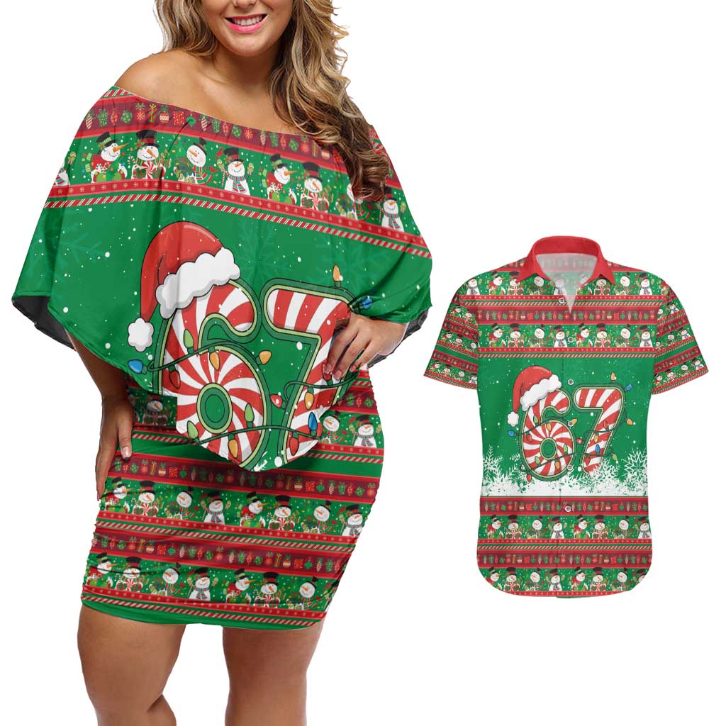 67 Six Seven Funny Meme Christmas Couples Matching Off Shoulder Short Dress and Hawaiian Shirt Funny Xmas - Wonder Print Shop