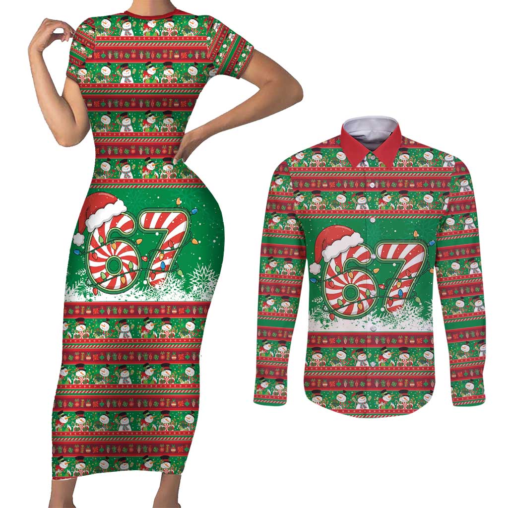67 Six Seven Funny Meme Christmas Couples Matching Short Sleeve Bodycon Dress and Long Sleeve Button Shirt Funny Xmas - Wonder Print Shop
