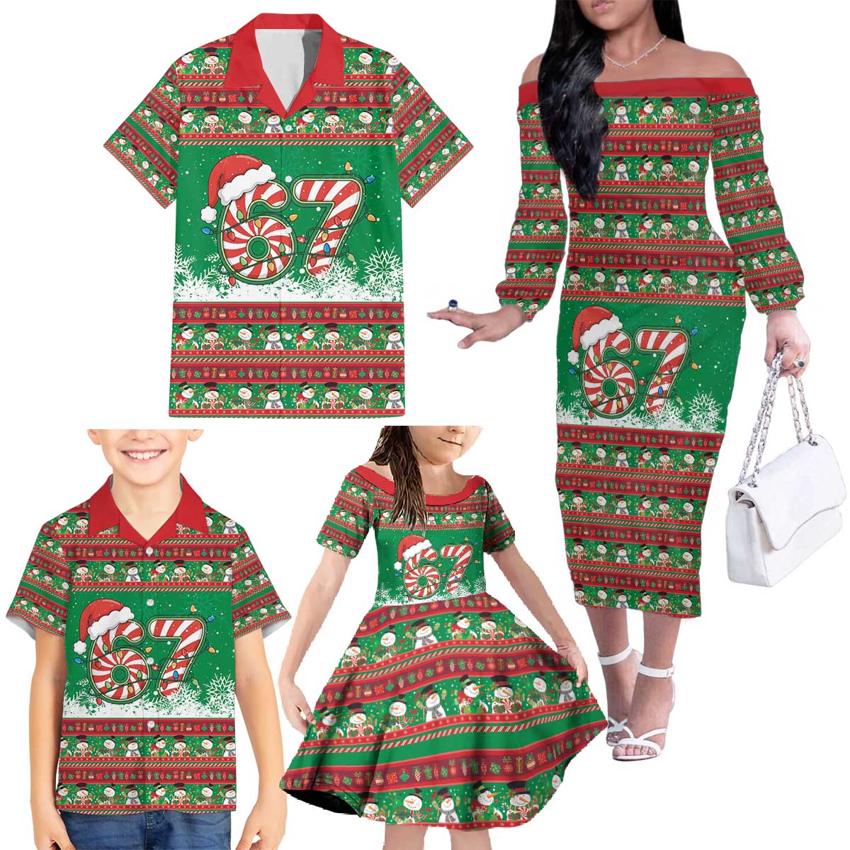 67 Six Seven Funny Meme Christmas Family Matching Off The Shoulder Long Sleeve Dress and Hawaiian Shirt Funny Xmas - Wonder Print Shop
