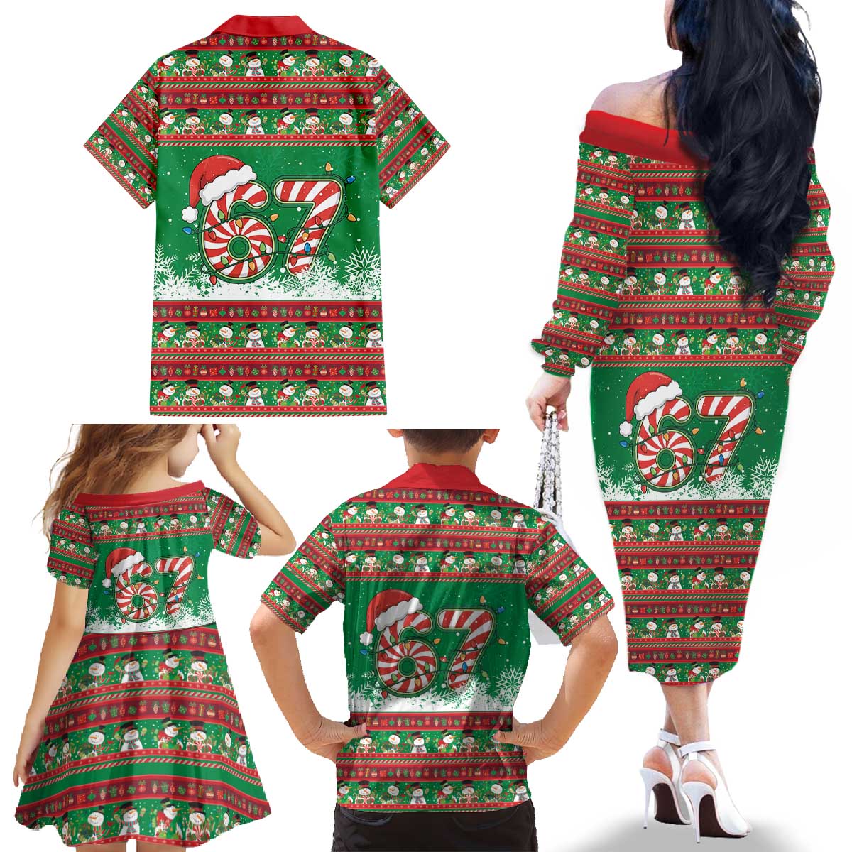 67 Six Seven Funny Meme Christmas Family Matching Off The Shoulder Long Sleeve Dress and Hawaiian Shirt Funny Xmas - Wonder Print Shop