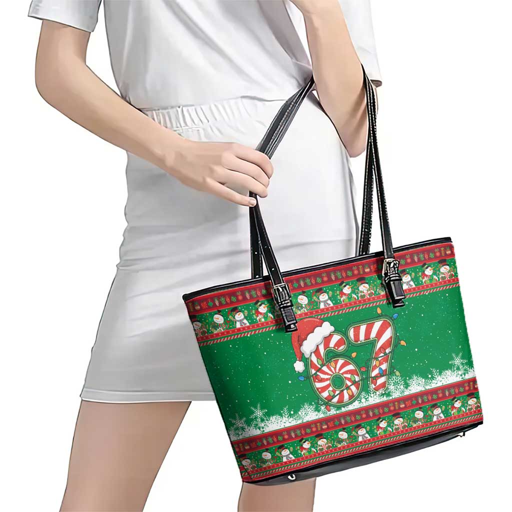 67 Six Seven Funny Meme Christmas Leather Tote Bag Funny Xmas - Wonder Print Shop