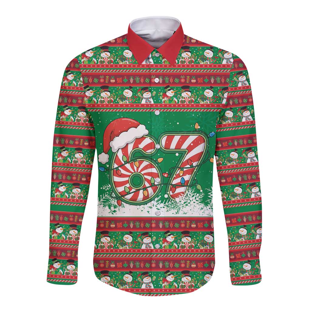 67 Six Seven Funny Meme Christmas Long Sleeve Button Shirt Funny Xmas - Wonder Print Shop