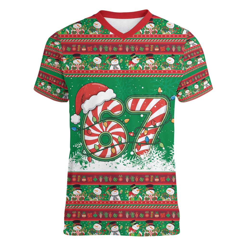 67 Six Seven Funny Meme Christmas Women V-Neck T-Shirt Funny Xmas - Wonder Print Shop