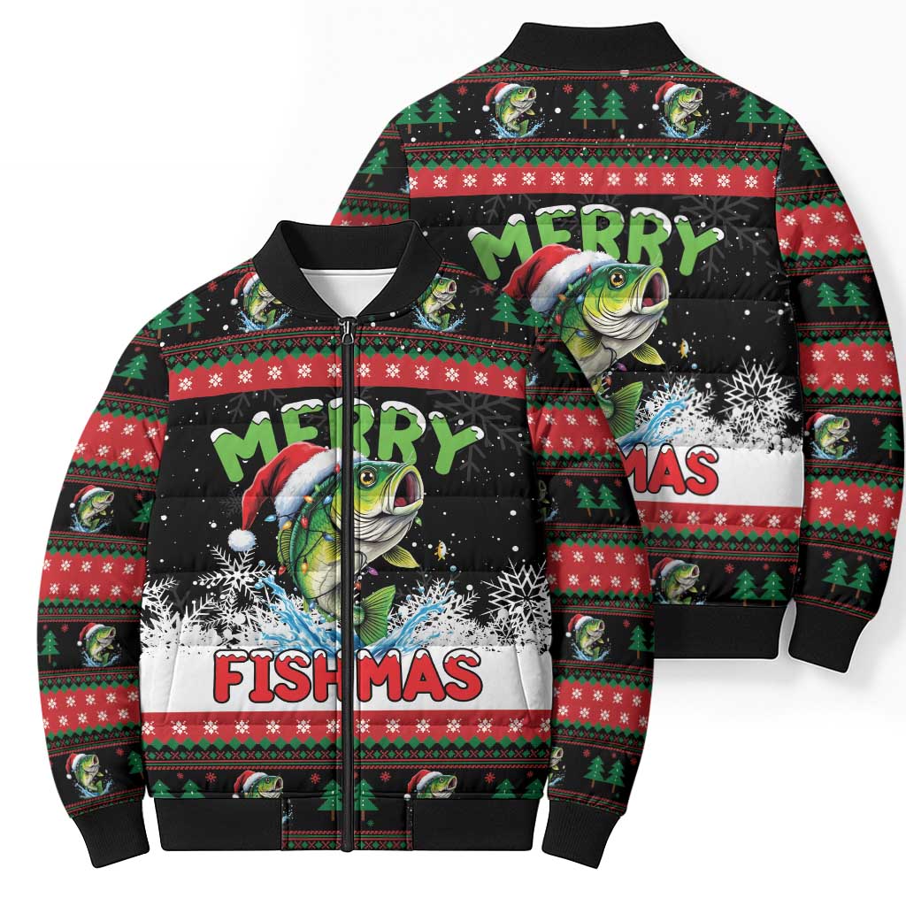 Fishing Christmas Merry Fishmas Bomber Puffer Jacket We Wish You A Merry Fishmas - Wonder Print Shop