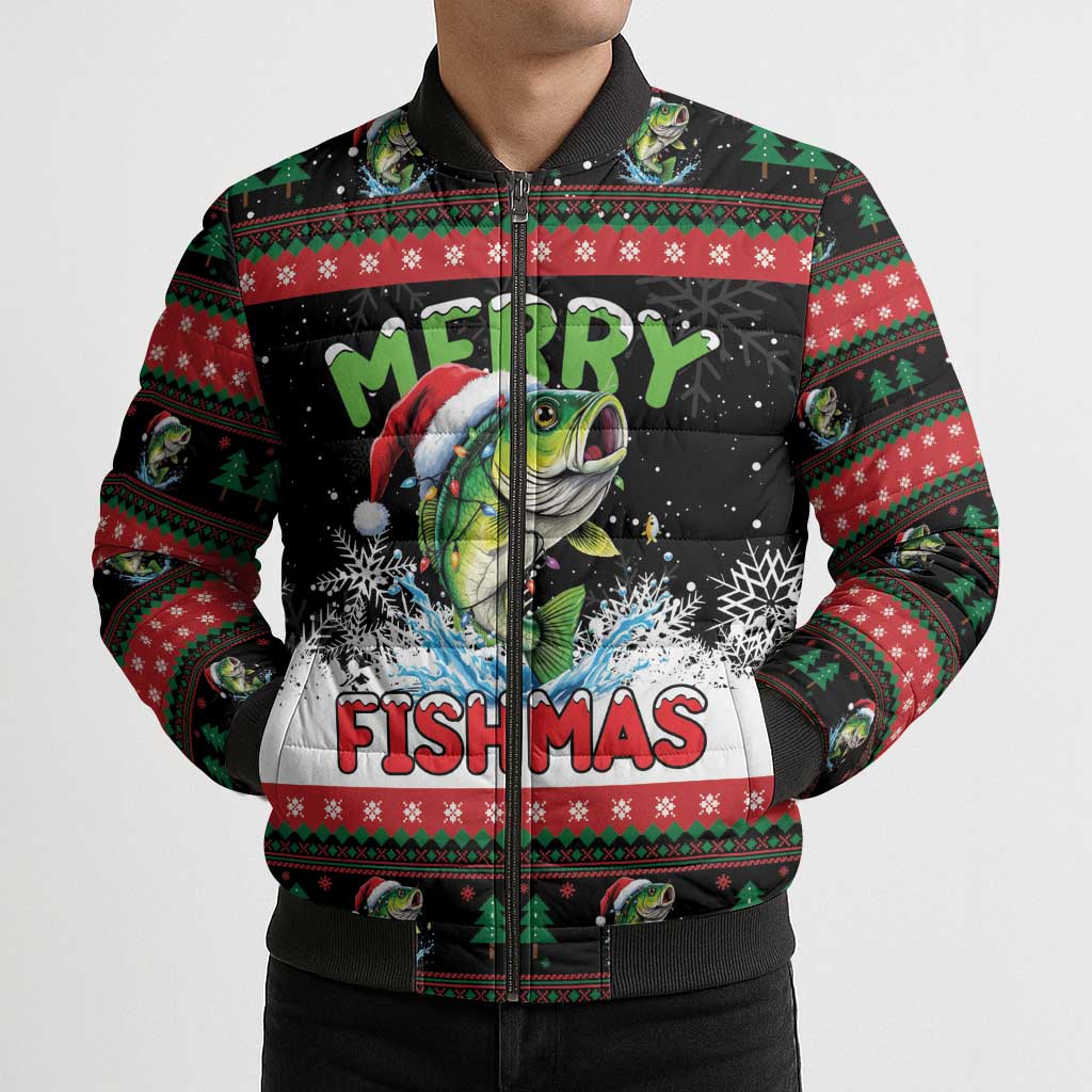 Fishing Christmas Merry Fishmas Bomber Puffer Jacket We Wish You A Merry Fishmas - Wonder Print Shop