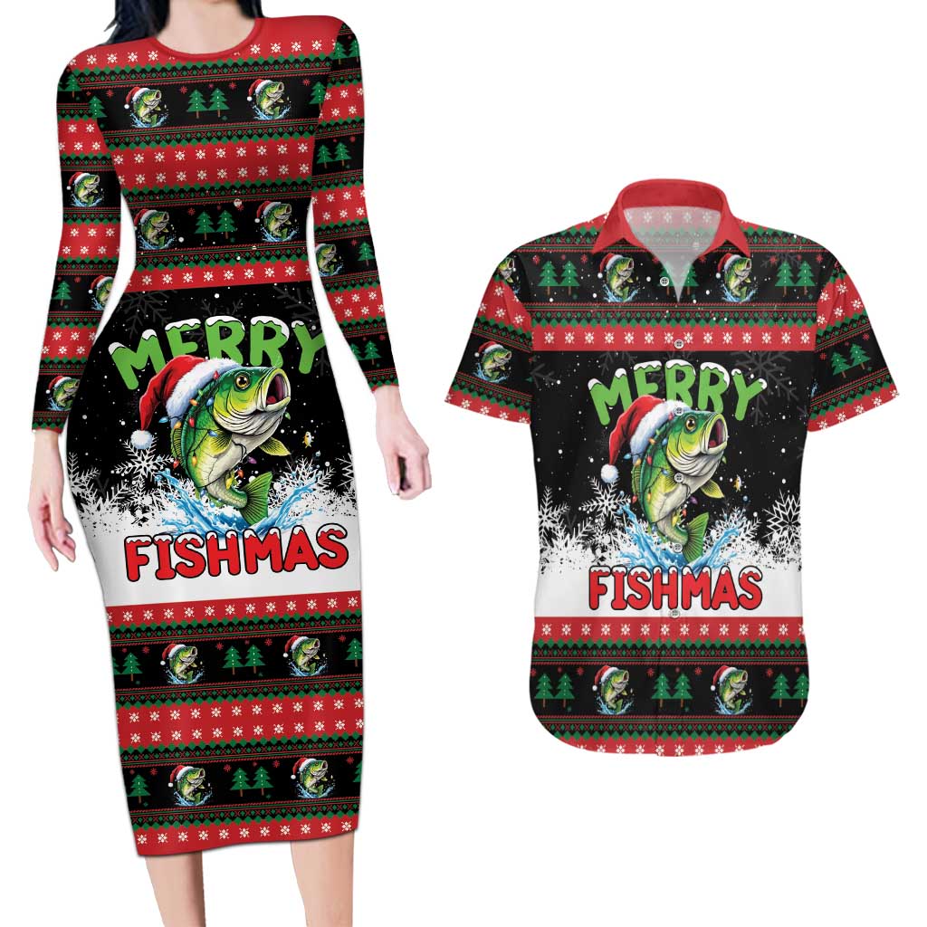 Fishing Christmas Merry Fishmas Couples Matching Long Sleeve Bodycon Dress and Hawaiian Shirt We Wish You A Merry Fishmas - Wonder Print Shop
