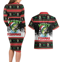 Fishing Christmas Merry Fishmas Couples Matching Long Sleeve Bodycon Dress and Hawaiian Shirt We Wish You A Merry Fishmas - Wonder Print Shop