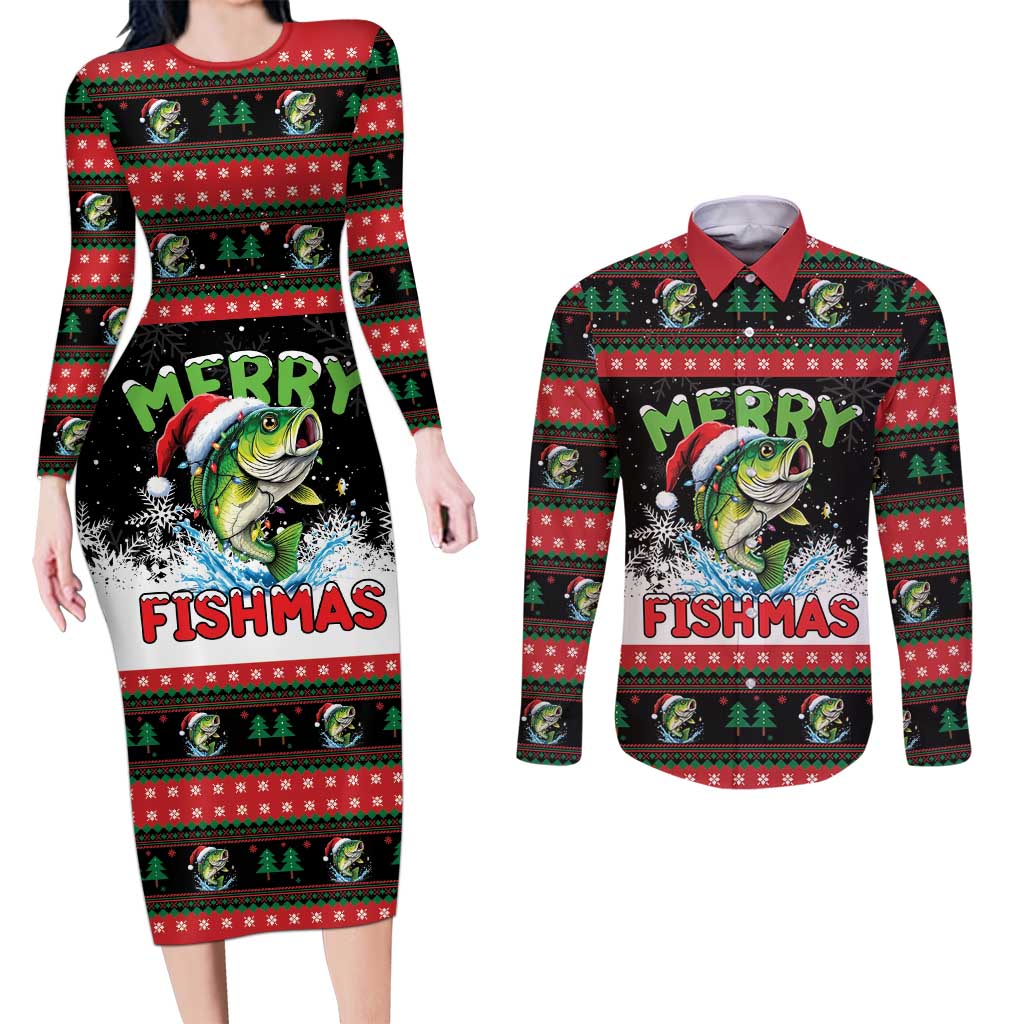 Fishing Christmas Merry Fishmas Couples Matching Long Sleeve Bodycon Dress and Long Sleeve Button Shirt We Wish You A Merry Fishmas - Wonder Print Shop
