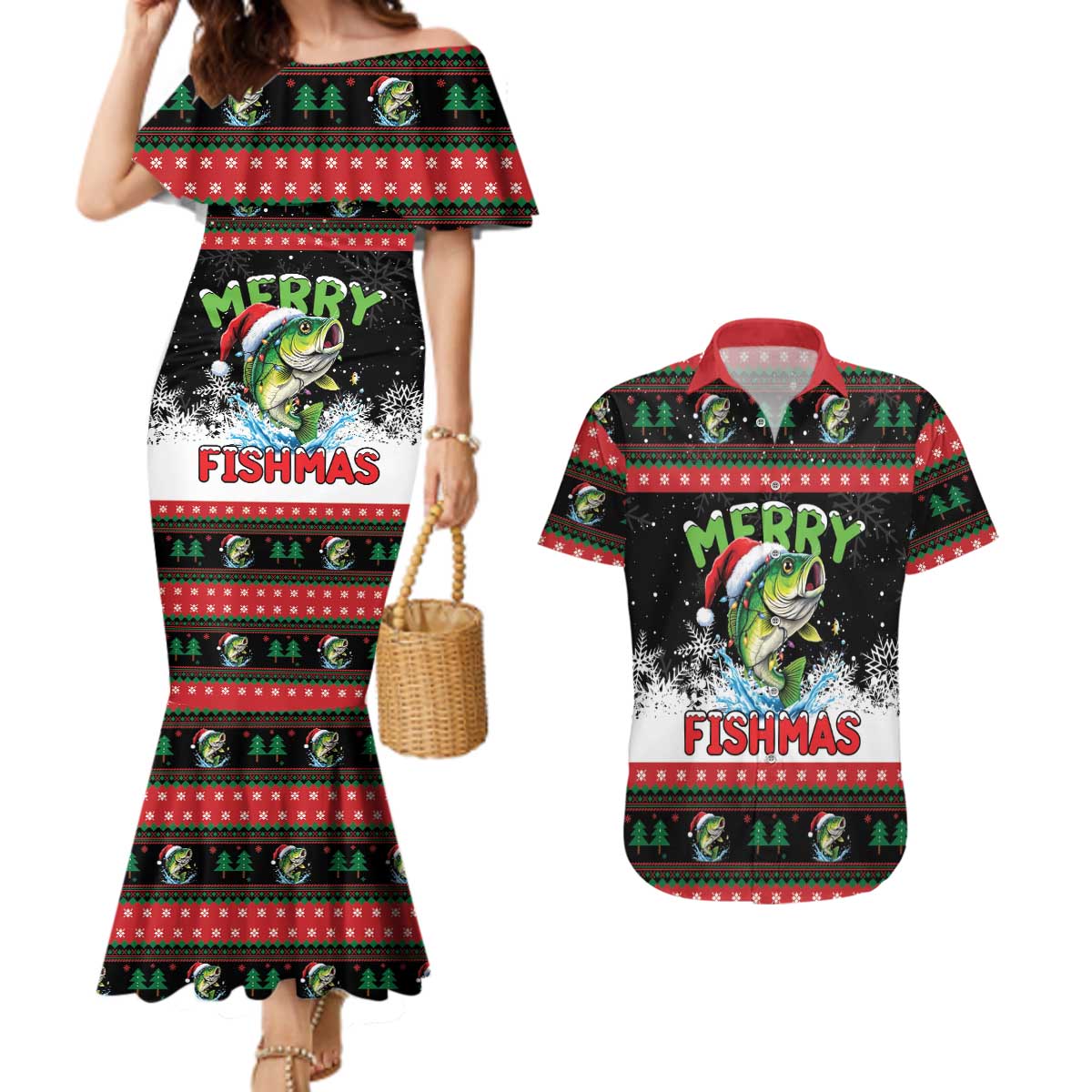 Fishing Christmas Merry Fishmas Couples Matching Mermaid Dress and Hawaiian Shirt We Wish You A Merry Fishmas - Wonder Print Shop