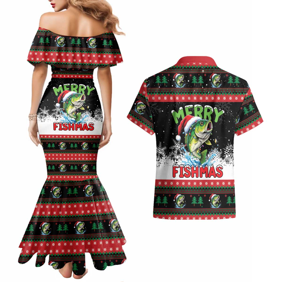 Fishing Christmas Merry Fishmas Couples Matching Mermaid Dress and Hawaiian Shirt We Wish You A Merry Fishmas - Wonder Print Shop
