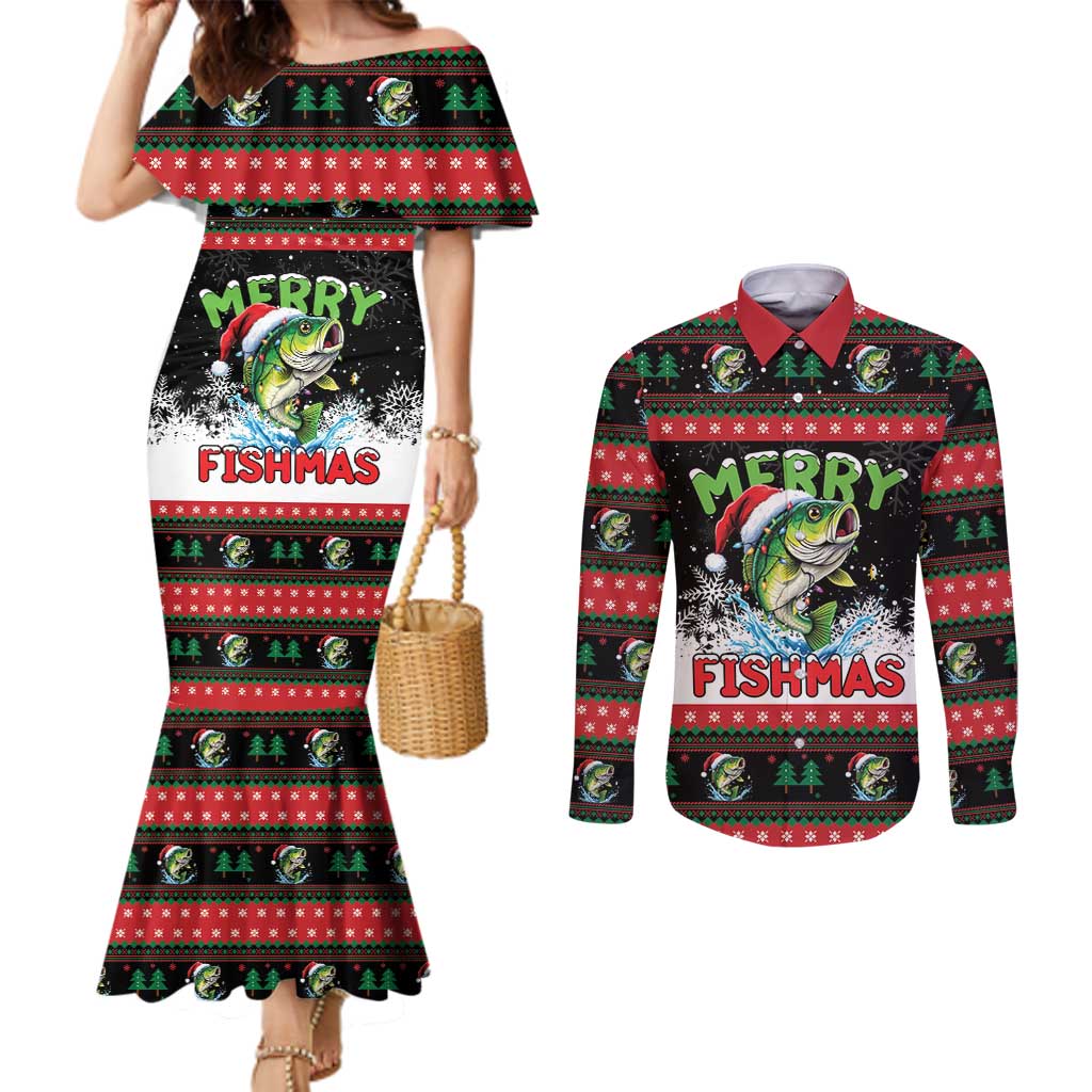 Fishing Christmas Merry Fishmas Couples Matching Mermaid Dress and Long Sleeve Button Shirt We Wish You A Merry Fishmas - Wonder Print Shop