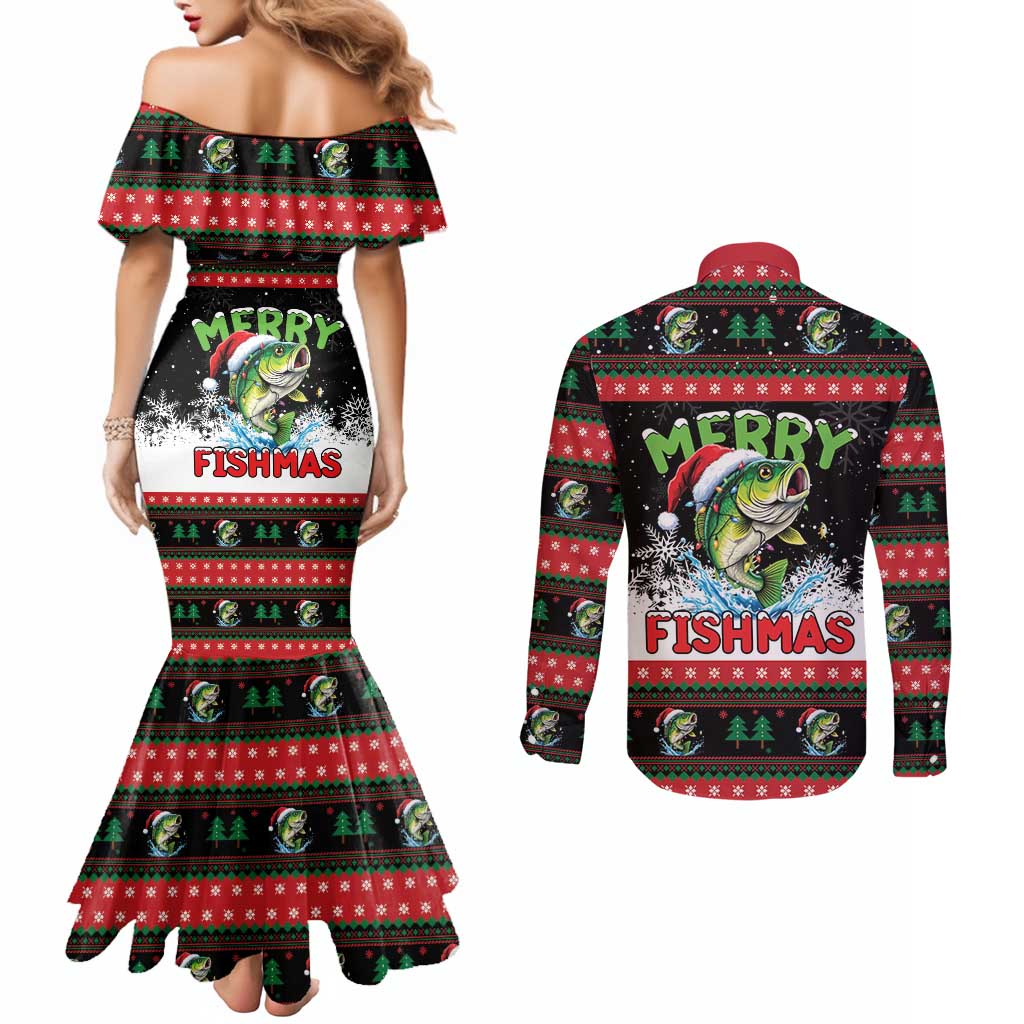 Fishing Christmas Merry Fishmas Couples Matching Mermaid Dress and Long Sleeve Button Shirt We Wish You A Merry Fishmas - Wonder Print Shop