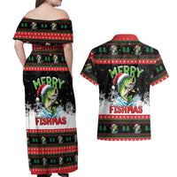 Fishing Christmas Merry Fishmas Couples Matching Off Shoulder Maxi Dress and Hawaiian Shirt We Wish You A Merry Fishmas - Wonder Print Shop
