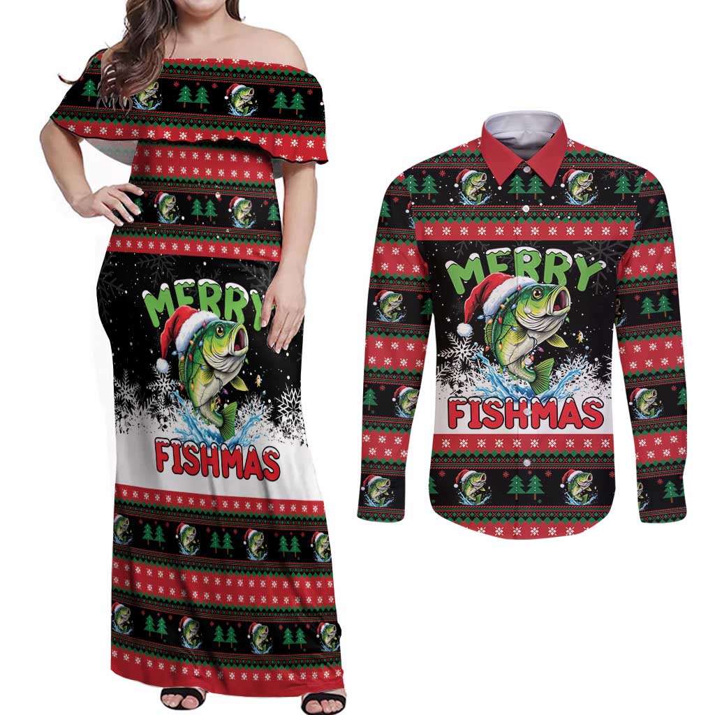 Fishing Christmas Merry Fishmas Couples Matching Off Shoulder Maxi Dress and Long Sleeve Button Shirt We Wish You A Merry Fishmas - Wonder Print Shop