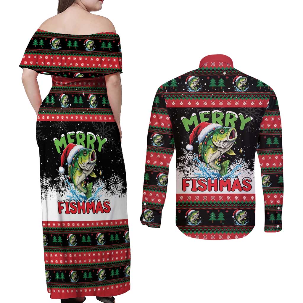 Fishing Christmas Merry Fishmas Couples Matching Off Shoulder Maxi Dress and Long Sleeve Button Shirt We Wish You A Merry Fishmas - Wonder Print Shop