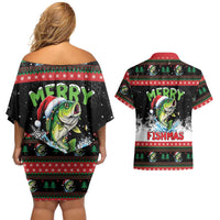 Fishing Christmas Merry Fishmas Couples Matching Off Shoulder Short Dress and Hawaiian Shirt We Wish You A Merry Fishmas - Wonder Print Shop