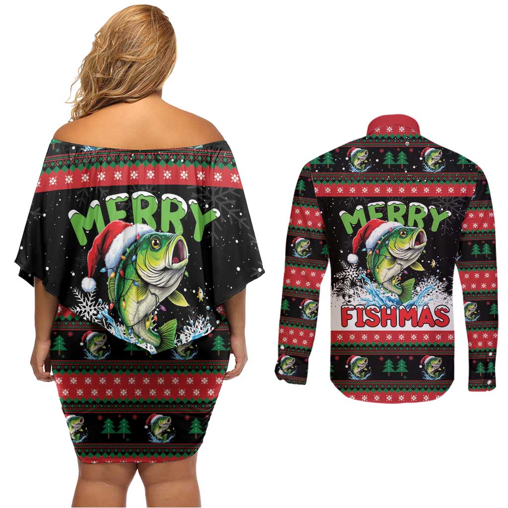 Fishing Christmas Merry Fishmas Couples Matching Off Shoulder Short Dress and Long Sleeve Button Shirt We Wish You A Merry Fishmas - Wonder Print Shop